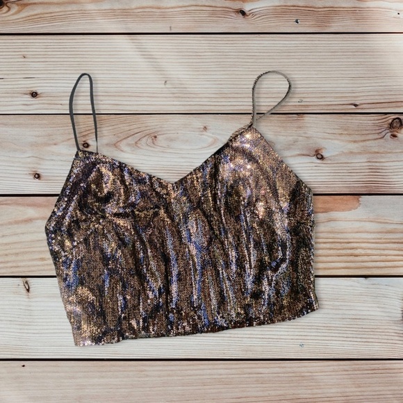NWT Lush Gold/Black/Blue Sequin Crop Top - Picture 1 of 3